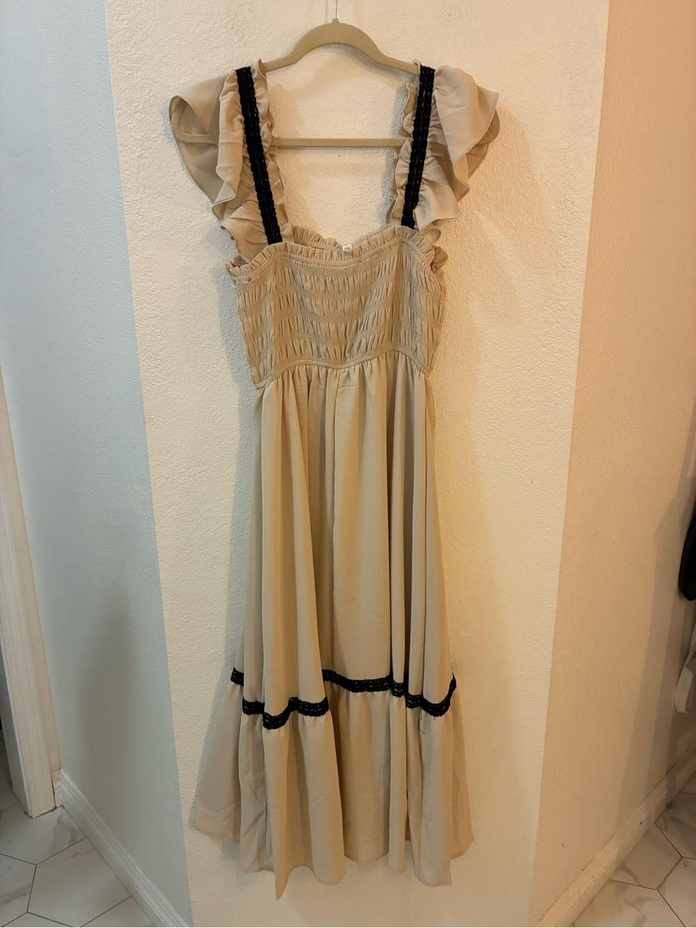 By The River Beige Maxi Dress with Black Trim Elegant Ruffled Trim Smocked Top